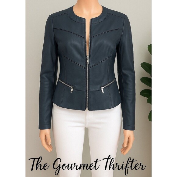 G by GUESS Moto Jacket M Black Faux Leather Zip Front Fitted Waist Trendy Chic - Picture 1 of 15